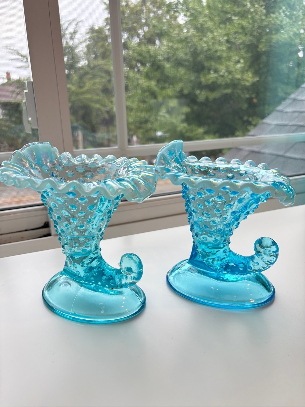 Set of two Vintage Fenton Blue Opalescent Hobnail Glass Cornucopia Vases